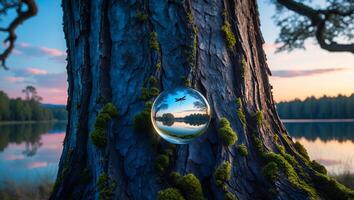 Dragonfly Silhouette Reflected in a Glass Ball on Mossy Tree photo