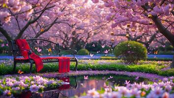 Park Bench Under Cherry Blossoms with Pond and Butterfly Effect photo