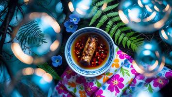 Preparing Appetizing Food in Bowl Surrounded by Floral Decorations photo