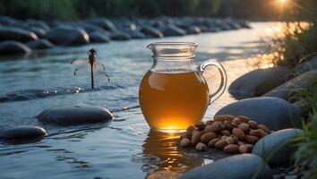 Pitcher with Almonds at Riverbank with Dragonfly and Sunset photo