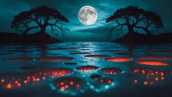 Moonlit Waters Reflecting Trees Creating an Atmospheric Night Landscape photo