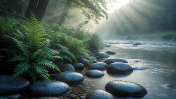 Tranquil River Scene with Sunlight Streaming Through Mist and Ferns photo
