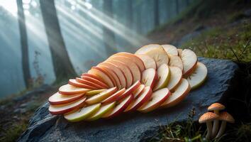 Apple Slices on Stone Slab in Misty Forest with Mushrooms photo