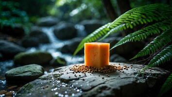 Orange Cube on Rock with Seeds Next to Stream and Fern photo