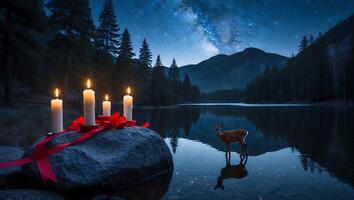 Candles and Deer by Lake Under Starry Night Sky photo