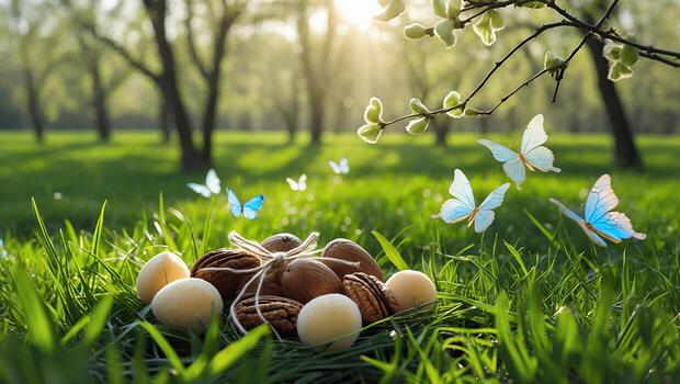 Eggs and Nuts Nestled in Grass with Butterflies in Springtime photo