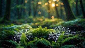 Spiderweb Covered in Dew Among Ferns in Forest During Sunrise photo