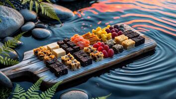Arrangement of Assorted Desserts on Wooden Board in Water Setting photo