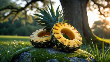 Grilled Pineapple Slices on Mossy Rock in Outdoor Setting with Sun photo