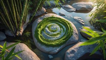 Green Spiral on Rock in Stream with Bamboo and Sunlight photo
