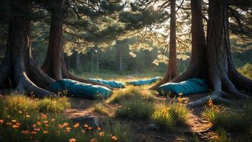 Camping Sleeping Bags Laid Out Among Trees in a Sunny Glade photo