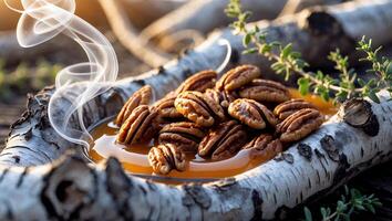 Pecan Nuts in Honey Displayed on Rustic Birch Log with Smoke photo