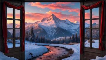 Viewing Snowy Mountain Landscape From Rustic Cabin Window with Curtains photo