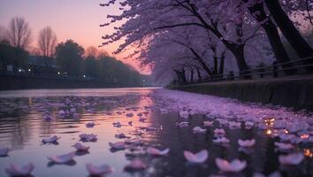 Cherry Blossom Petals Floating on Calm Water at Dusk in Spring photo