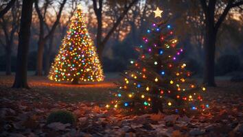 Illuminated Christmas Trees Glowing in a Park with Fallen Leaves photo