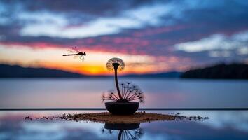 Dragonfly Flying Near Dandelion Seeds Against a Beautiful Sunset Backdrop photo