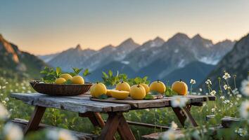 Arrangement of Yellow Fruits on Wooden Table with Mountain Backdrop photo