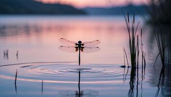 Dragonfly Touching Water Surface Creates Ripples at Gentle Sunset photo