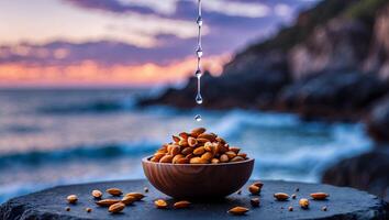 Almonds in Bowl with Water Dropping Ocean Sunset Background photo