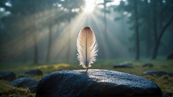 Feather Standing on Rock in Forest with Sun Rays Shining Through photo
