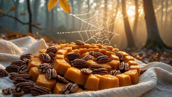 Serving Autumn Dessert with Pecans and a Misty Forest Backdrop photo