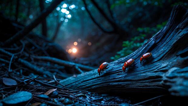 Red Beetles on Log in Forest with Soft Glowing Light photo