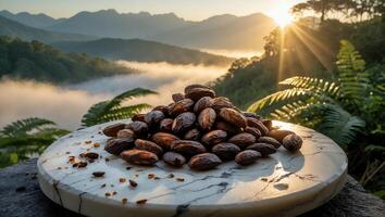 Arrangement of Cocoa Beans Displayed Against a Mountain Sunrise Landscape photo