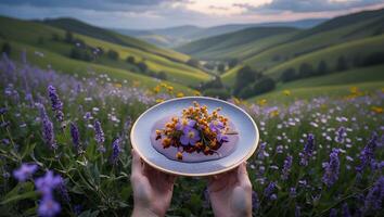 Hands Holding Plate with Floral Arrangement in a Lavender Field photo
