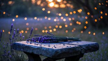 Lavender Bouquet on Stone Table at Sunset with Bokeh Lights photo