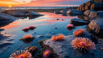 Sea Anemone Garden at Sunset Reflecting in Tide Pool Water photo
