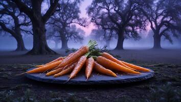 Fresh Carrots on Slate Plate with Trees and Misty Background photo