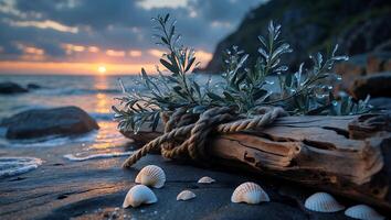 Seashore Still Life with Seashells, Driftwood, Rope, and Sunset photo