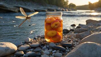 Dragonfly Flying Near Jar with Peaches Sitting by Riverbank at Sunset photo