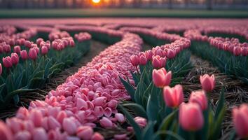 Pink Tulip Field at Sunset Growing in Rows with Beautiful Light photo