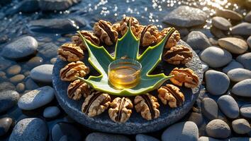 Walnut Arrangement with Liquid on Stone by Stream for Wellness photo
