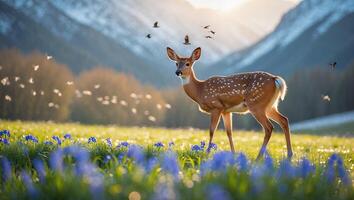Deer Stands in Blooming Flower Field Surrounded by Majestic Mountains photo