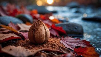 Unique Wooden Object on Ground Surrounded by Autumn Leaves at Stream photo