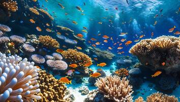 Exploring Colorful Coral Reef with Tropical Fish Swimming Underwater photo