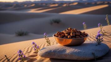 Almonds in Bowl Desert Scene on Stone with Purple Flowers photo