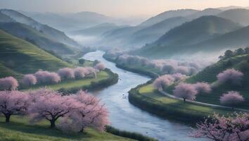 Scenic River Valley with Pink Blossom Trees and Misty Mountains photo