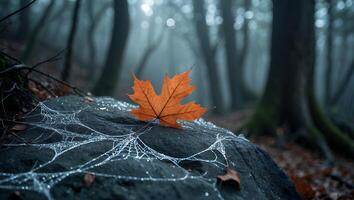 Maple Leaf Resting on Rock with Spiderweb in a Misty Forest photo