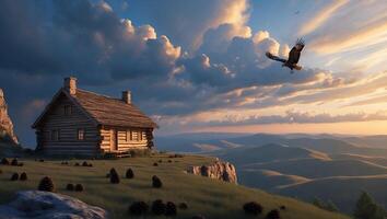 Cabin on Hilltop at Sunset with Flying Eagle and Mountain Views photo
