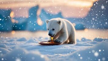 Polar Bear Cub Eating Honey on Snowscape Winter Scene photo