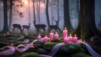 Deer in Forest with Pink Candles and Ribbon Decoration Scenery photo