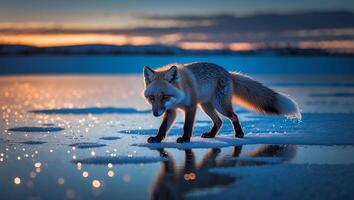 Fox Walking on Frozen Lake at Sunset with Reflections and Ice photo