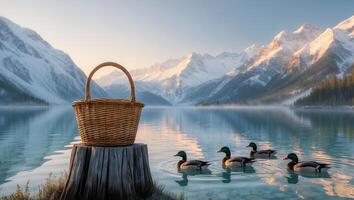 Picnic Basket on Stump by Lake with Ducks and Snowy Mountains photo