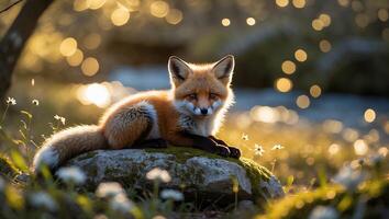 Red Fox Resting on Rock in Sunlit Meadow, Looking Forward photo