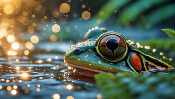 Frog in Water with Golden Bokeh and Vibrant Colors photo