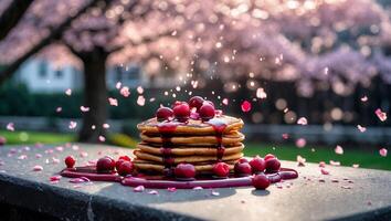 Stack of Pancakes with Berries and Syrup in a Cherry Blossom Garden photo