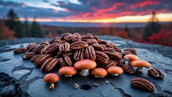 Pile of Pecan Nuts with Mushrooms at Scenic Sunset Landscape photo